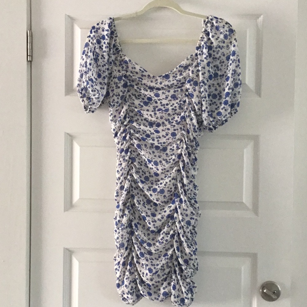 All In Favor Ivory Blue Floral Dress